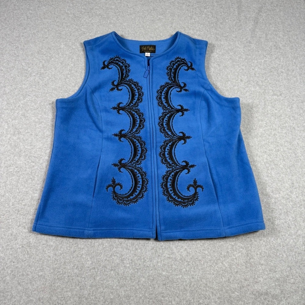 Bob Mackie Wearable Art Blue Fleece Vest Black Scroll Embroidery Zip Up Large